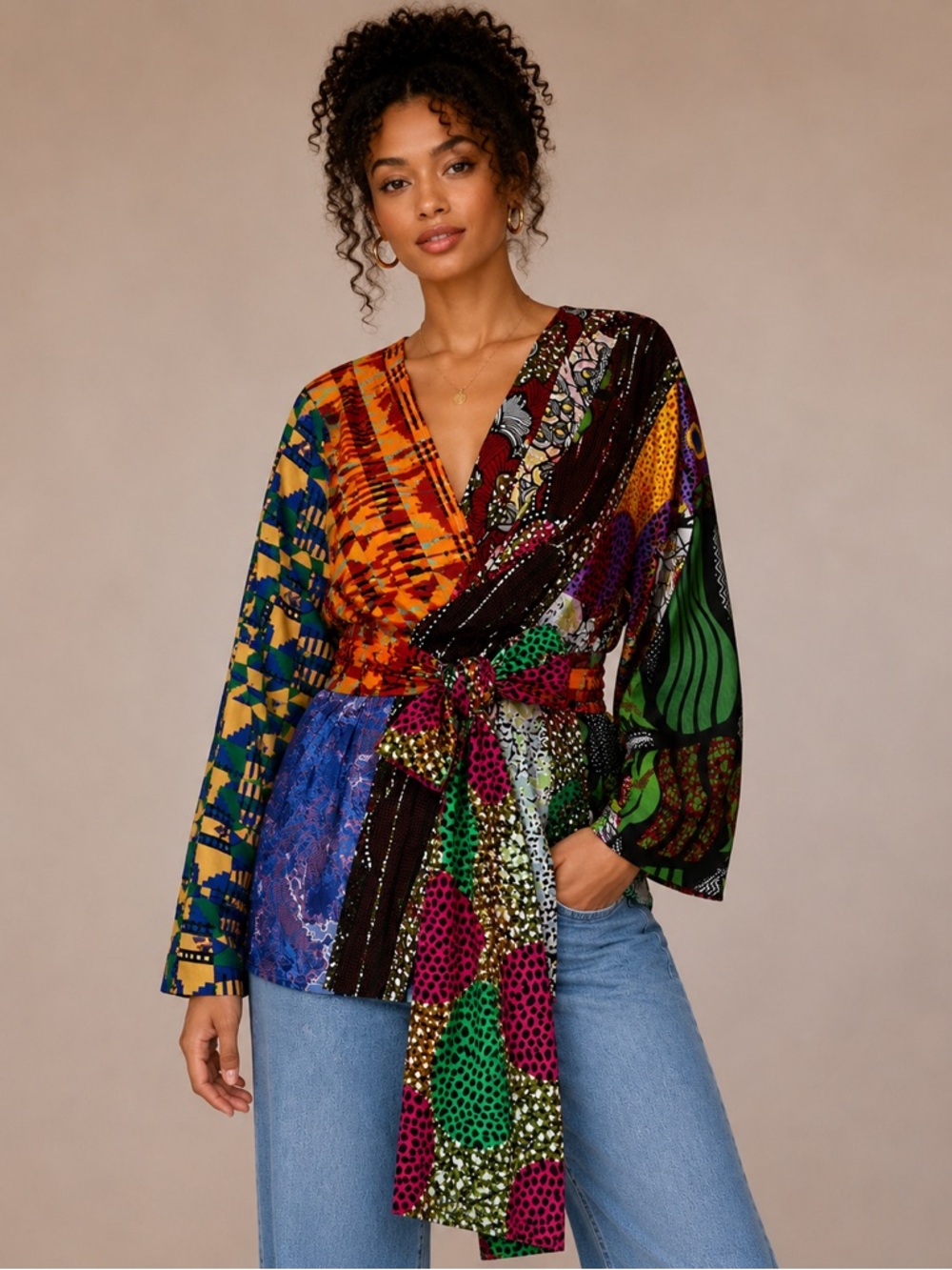 Shenbolen Patchwork Wrap Jacket Blouse Long Sleeve Top Tie Waist XL Art Print